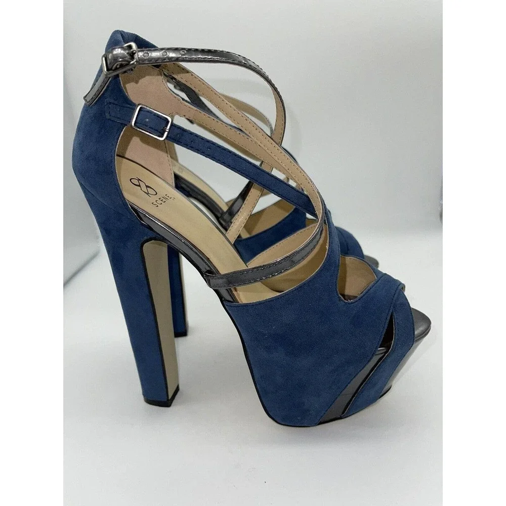 Scene “Marylou” Platform Wedge 5” Heels Blue Suede w/ Silver Accents 7M Open Toe